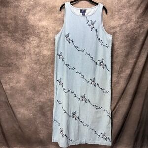 VTG 90s Denim Overall Maxi Dress Size 18 Floral Embroidered Cottage TY Wear